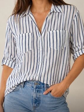 Zara Women’s Linen Blend Navy/Ivory Vertical Stripe Cropped Button-Down M Fall